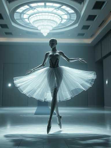 The image depicts a highly detailed, computer-generated scene of a futuristic ballerina in a large, empty room. The ballerina, who appears to be made of metal, is striking a classic ballet pose on her toes, with her arms elegantly extended to her sides. She is adorned in a sheer, white tutu that contrasts with her metallic body, which features intricate black and gray details. Her bald head and the mechanical nature of her limbs, including visible joints and a robotic arm, suggest she is a cyborg. The room itself is expansive, with gray walls and a highly reflective, white floor that mirrors her image. A large, ornate chandelier hangs from the ceiling, casting light that enhances the futuristic ambiance of the scene. The overall color palette is dominated by shades of gray, white, and black, with subtle hints of blue, creating a sleek and modern aesthetic.