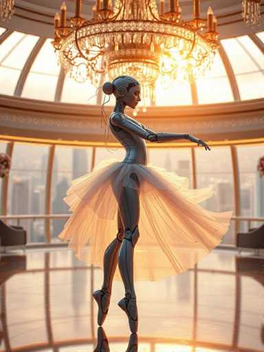 The image depicts a highly detailed, computer-generated scene of a ballerina with a distinctly robotic appearance. The ballerina, who is the central focus of the image, has a metallic, silver body with intricate mechanical joints at her knees, elbows, and wrists. Her head is adorned with a metallic cap, and her hair is styled in a bun. She is gracefully poised on her toes, wearing a sheer, white tutu that billows out around her. The setting is a luxurious, glass-enclosed room with a dome-shaped ceiling, through which sunlight streams, casting a warm glow on the scene. A large, ornate chandelier hangs prominently above her. The room features a shiny, reflective floor, and in the background, there are city buildings visible through the glass walls. The overall atmosphere is one of elegance and futuristic beauty, blending classical ballet with advanced robotics.