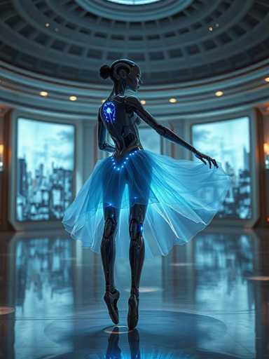 In this captivating image, a female robot is poised gracefully on her tiptoes, reminiscent of a ballerina. She is adorned in a sheer, light blue skirt that adds an ethereal quality to her appearance. Her metallic body gleams with a sleek, dark blue hue, accentuated by a striking light blue design on her back. This design features a glowing circle at the center, surrounded by smaller dots that create a mesmerizing pattern. The robot's head is turned to the right, revealing a serene expression as she gazes off into the distance. Her hair is neatly styled in a bun, adding a touch of elegance to her futuristic form. The setting is a grand, circular room with a high ceiling, reminiscent of a museum. Large windows encircle the room, offering a panoramic view of a bustling cityscape outside. The floor beneath her is a reflective dark blue, mirroring her image and adding depth to the scene. The overall ambiance is one of quiet contemplation and futuristic beauty.