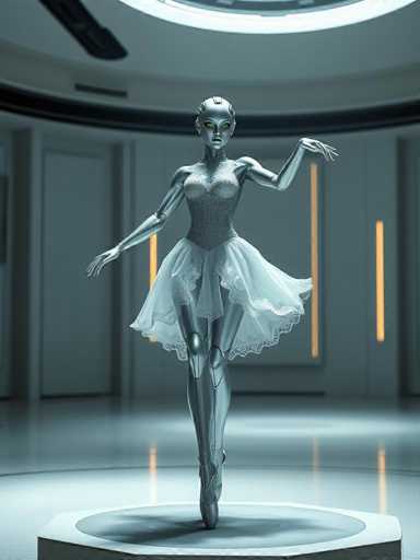 The image depicts a highly detailed, computer-generated scene of a futuristic, robotic ballerina. The robot is standing en pointe on a white, circular platform, which is itself set on a larger white base. The background features a circular room with a white ceiling and walls, accented by a black ring around the top and illuminated by yellow lights. The robot ballerina is dressed in a sheer, white tutu with lace trim, and her metallic body is predominantly silver with a textured pattern. Her head is bald with a few small, silver strands of hair, and she has striking green eyes. The robot's arms are extended outwards, with her right arm reaching towards the viewer and her left arm pointing upwards. Her legs are straight, and she wears ballerina shoes, completing the graceful pose. The overall scene is highly realistic, with a reflective floor that adds to the futuristic ambiance.