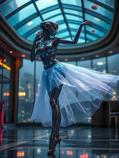 A woman dressed as a robot stands on a marble floor with her arms outstretched and legs apart, wearing a blue dress that flows behind her. The background features a large glass window overlooking the city skyline at night.