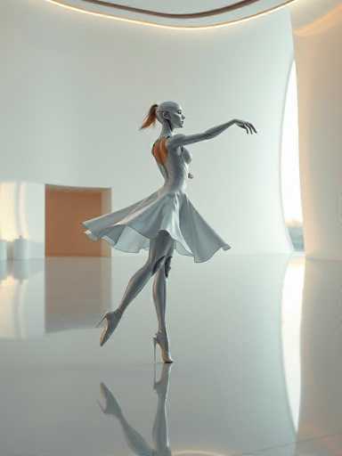The image depicts a highly detailed, computer-generated scene of a ballerina in a modern, minimalist setting. The ballerina, who appears to be made of a metallic or plastic material, is captured in a graceful pose with her right leg extended behind her and her left leg standing on the ground. She is wearing a white, sleeveless dress that flares out at the bottom, and her ensemble is completed with silver high heels. Her hair is pulled back into a ponytail, with the ends of her hair colored a striking red. The ballerina's body is predominantly gray, with a hint of red on her back, and her face is turned to the right, revealing her profile. The background features a stark white wall and a highly reflective, shiny floor that mirrors the ballerina's image. To the right, there is a large, curved window that allows natural light to flood the space, and to the left, a brown door is visible. The overall scene is bathed in a soft, white light, enhancing the clean and modern aesthetic of the setting.