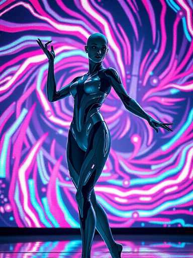 The image depicts a highly detailed, computer-generated scene featuring a female character who appears to be a cyborg or robot. She stands on a reflective black floor, her metallic body gleaming with a dark blue and silver hue. Her bald head and sleek, form-fitting suit accentuate her robotic nature. The character's right arm is bent at the elbow, with her hand raised, while her left arm extends outward, fingers splayed. She is posed with her right leg crossed over her left, her right foot flat on the ground and her left foot slightly elevated. Her gaze is directed to the right, adding a sense of contemplation or focus. The background is a mesmerizing swirl of neon colors—pink, blue, white, and purple— creating a dynamic, almost hypnotic effect. This swirling backdrop is bordered by a black strip at the bottom, enhancing the contrast and drawing attention to the character. The overall composition suggests a futuristic or sci-fi setting, possibly for a video game or movie.