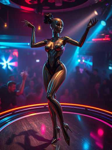 The image depicts a striking scene of a female robot performing on a stage. She stands confidently on a circular platform, which is illuminated by a combination of red, blue, and pink lights. The robot is adorned in a sleek, metallic bodysuit that accentuates her curves, particularly highlighting her chest and hips. Her ensemble is completed with high heels, adding to her poised appearance. She has a bald head, adorned with a black bow, and her arms are extended outward, fingers splayed, as if she is in the midst of a dynamic dance move. The background is filled with a blurred crowd of onlookers, their attention captivated by her performance. The stage itself is wooden, and the overall atmosphere is one of futuristic allure and spectacle.