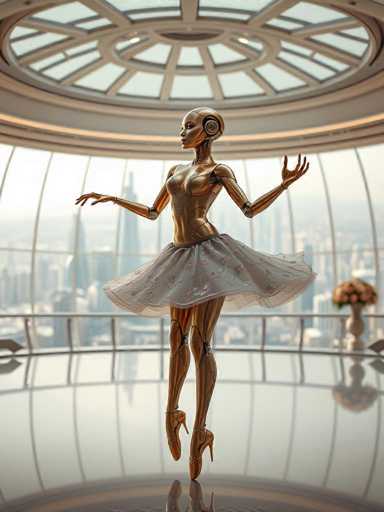 The image depicts a highly detailed, computer-generated scene of a humanoid robot ballerina standing gracefully on her toes in a classic ballet pose. The robot, with a golden metallic body, features a bald head adorned with a circular design on the back. She is dressed in a sheer white tutu adorned with pink flowers, and her arms are extended elegantly to her sides. The setting is a luxurious, high-rise room with a large, circular skylight that allows natural light to flood the space. The floor is reflective, mirroring the robot and adding depth to the scene. In the background, a bouquet of pink flowers in a vase adds a touch of color and softness to the otherwise futuristic environment. The cityscape visible through the expansive windows further emphasizes the height and grandeur of the location.