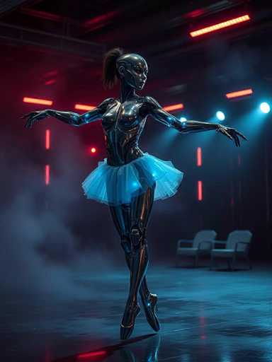 The image depicts a striking scene of a female robot ballerina poised on a stage. The robot, with a sleek, metallic silver body, features a bald head and a ponytail of dark hair. She is adorned in a sheer, light blue tutu that contrasts beautifully with her metallic form. Her arms are extended gracefully to her sides, and she stands en pointe on one leg, with the other leg bent behind her, exuding elegance and poise. The stage is enveloped in a smoky haze, illuminated by dramatic lighting that casts a red hue on the left side and a blue hue on the right. The background is blurred, revealing a few indistinct chairs and a ceiling adorned with red and blue lights. The floor beneath her is a dark gray, adding to the overall mysterious and futuristic ambiance of the scene.