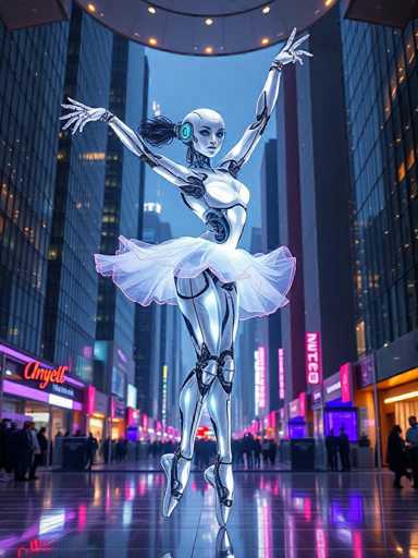 The image depicts a futuristic cityscape at night with a robot ballerina performing on a stage illuminated by purple and pink lights. The stage is surrounded by tall buildings that reach towards the sky, creating an urban atmosphere. The perspective of the photo is taken from below, looking up at the ballerina as she dances gracefully in her tutu.
