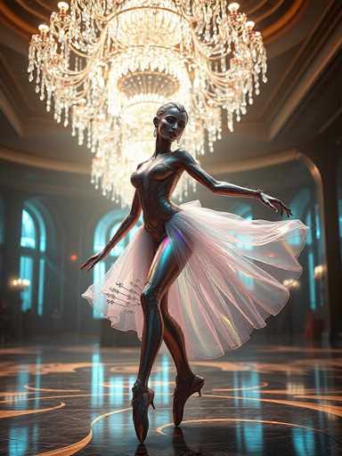 The image depicts a highly detailed, computer-generated scene of a ballerina in a grand, opulent ballroom. The ballerina, who appears to be made of a metallic or robotic material, has a sleek, silver body with a hint of brown. She is adorned in a sheer, white tutu that flows gracefully around her, and she wears ballerina slippers. Her hair is pulled back, and she has hoop earrings, adding to her elegant appearance.

The ballerina is captured in a poised stance, standing on her toes with one leg bent, her arms extended to the sides. She gazes directly at the viewer, exuding confidence and poise. The ballroom itself is grand, featuring a highly reflective black floor with intricate gold designs. A magnificent chandelier, adorned with numerous crystals and lights, hangs from the ceiling, casting a warm glow over the scene.

In the background, the ballroom's architecture includes large, arched windows that allow natural light to filter in, enhancing the room's luxurious ambiance. The overall setting is reminiscent of a high-end ballet performance or a scene from a science fiction movie, blending classical elegance with futuristic elements.
