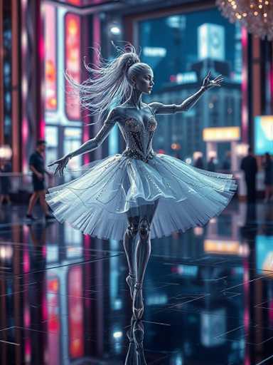 A woman is captured mid-dance on a stage with a city skyline visible through the window behind her. She wears a white tutu and silver heels that shimmer under the stage lights. The background features a pink neon sign and a building with a clock tower in the distance, creating an urban setting for this dance performance.