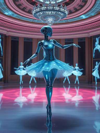 The image depicts a futuristic scene set in a grand, circular room with a high ceiling adorned by a large chandelier. The room's walls are painted in shades of pink and blue, and the floor is a reflective surface that mirrors the surroundings. In the center of the room stands a humanoid robot, resembling a ballerina, with a metallic body and a blue face. The robot is dressed in a light blue tutu and ballet shoes, and it has a glowing white circle on its chest. Its arms are outstretched, and it is poised on its toes, mimicking a ballet pose. Surrounding the robot are several other humanoid figures, also in ballerina attire, who appear to be either human or other robots. These figures are positioned against the walls, creating a sense of depth and symmetry in the composition. The overall scene suggests a blend of classical ballet with advanced robotics, set in an opulent, otherworldly environment.