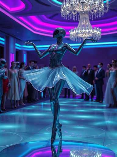 The image depicts a futuristic scene set in a grand, opulent ballroom. At the center of the room stands a striking female robot, poised gracefully on her toes in ballerina slippers. She is adorned in a sheer, light blue tutu that contrasts beautifully with her metallic, dark blue body. Her head is encased in a helmet-like structure with a large, dark visor, and her neck appears to be made of a silvery material. Her arms are bent at the elbows, with her hands raised and fingers splayed outwards, adding to her elegant pose.

The ballroom itself is a marvel of modern design. The floor is made of reflective, light blue tiles, creating a mirror-like effect that enhances the room's grandeur. The ceiling is adorned with neon lights in shades of pink and blue, casting a vibrant glow throughout the space. A large, ornate crystal chandelier hangs prominently from the ceiling, adding a touch of classic luxury to the futuristic setting.

In the background, a group of humanoid robots and humans are gathered, observing the central figure with a mix of curiosity and admiration. The humanoid robots share similar features with the central figure, including helmet-like structures with dark visors, though their bodies are less metallic. The humans in the scene are dressed formally in suits and gowns, suggesting a special occasion or performance.

The overall atmosphere of the image is one of elegance and wonder, blending the worlds of classical ballet and advanced robotics in a visually captivating scene.