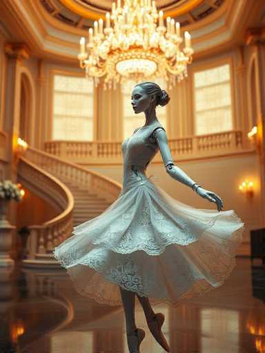 The image depicts a highly detailed, computer-generated scene of a ballerina in a grand, opulent room. The ballerina, who appears to be a robot or AI due to her metallic, silver skin and visible mechanical joints, is gracefully poised on her toes, wearing a flowing white dress with intricate lace details. Her hair is styled in a bun, and she has a neutral expression as she gazes to the left. The room itself is luxurious, featuring a grand chandelier hanging from the ceiling, which illuminates the space with a warm glow. The floor is made of shiny marble, reflecting the chandelier and adding to the room's elegance. A spiral staircase with a wooden railing ascends to a second level, and there are large windows on the back wall that allow natural light to flood in. The walls are adorned with sconces, further enhancing the room's sophisticated ambiance.