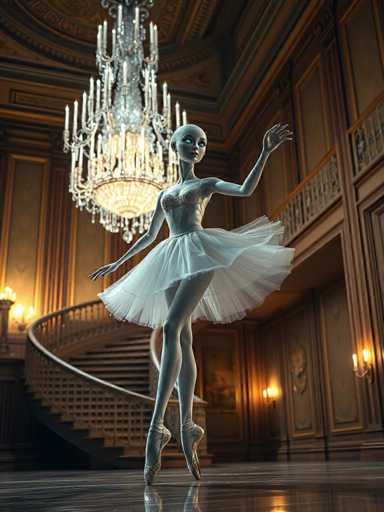 The image depicts a highly detailed, computer-generated scene of a ballerina in a grand, opulent room. The ballerina, who appears to be a robot or AI due to her metallic, silver body and glowing blue eyes, is standing en pointe on a highly reflective, dark wooden floor. She is wearing a sheer, white tutu and silver ballet slippers, with her arms gracefully extended to her sides. Her bald head and metallic skin give her a futuristic appearance. 

The room itself is grand and ornate, featuring a spiral staircase with a wooden banister that ascends to a second floor. The walls are adorned with intricate wood paneling and gold accents, and the ceiling is domed with a large, crystal chandelier hanging prominently. The chandelier is illuminated, casting a soft glow throughout the room. Additionally, there are sconces on the walls that contribute to the room's warm, golden lighting. The overall ambiance is one of elegance and luxury, with the ballerina as the striking focal point against the backdrop of this lavish interior.