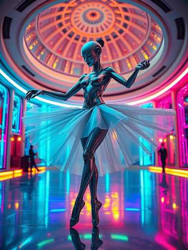 The image depicts a highly detailed, computer-generated scene of a futuristic ballerina. The ballerina is a humanoid robot with a sleek, metallic body, featuring a shiny, reflective surface that gleams under the vibrant lighting. She has a bald head with a small bun at the back and is adorned in a sheer, white tutu that contrasts beautifully with her metallic form. Her pose is graceful, with one leg extended behind her and the other bent at the knee, standing en pointe on her toes, reminiscent of a classic ballet stance. Her arms are elegantly outstretched, one bent at the elbow and the other extended straight.

The setting is a grand, futuristic hall with a highly reflective floor that mirrors the vivid colors of the lighting. The hall is illuminated by an array of neon lights in shades of pink, blue, yellow, and orange, creating a mesmerizing rainbow effect. The ceiling features a large, ornate dome with intricate designs, adding to the grandeur of the scene. In the background, two men in suits stand on either side of the hall, observing the ballerina. The overall atmosphere is one of futuristic elegance and artistic beauty, seamlessly blending classical ballet with advanced technology.