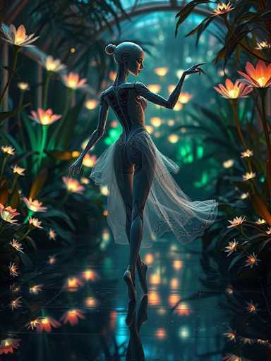 The image depicts a highly detailed, computer-generated scene of a female robot ballerina standing gracefully on her toes, reminiscent of a classic ballet pose. She is adorned in a sheer, white tutu that billows around her legs, and she wears ballerina slippers. Her metallic body, with a bluish tint, features intricate designs and visible mechanical components, including her spine and ribcage. Her hair is styled in a bun, and she has a human-like face with a small nose and mouth. The setting is a lush, tropical greenhouse filled with vibrant flowers and plants. The floor beneath her is reflective, mirroring the surrounding flora. The background is a mix of green foliage and glowing orange flowers, with a glass ceiling that allows light to filter through, creating a serene and ethereal atmosphere.