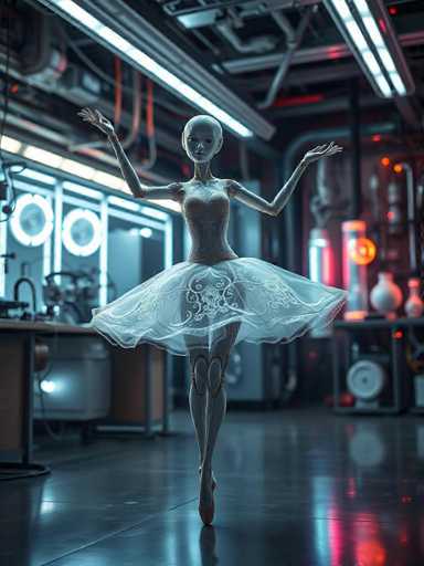 A doll dressed in a white tutu and gold sequins is captured mid-dance on a wooden floor in an industrial setting. The doll's arms are raised high above her head as she performs the dance with grace and elegance. In the background, there are various pieces of machinery and equipment scattered around, suggesting that this scene takes place in a factory or warehouse environment.