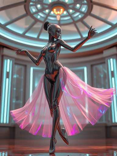 A 3D rendering of a woman with long hair and a pink skirt is shown from the side, wearing black metallic boots and standing on a wooden floor against a white ceiling with circular lights.