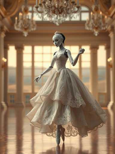 The image depicts a highly detailed, computer-generated scene of a ballerina with a distinctly robotic appearance. She stands on her tiptoes on a shiny, brown hardwood floor, her dress flowing elegantly around her. The ballerina's skin is a light gray color, and her head is bald, adorned with a small golden crown. Her eyes are closed, and she has a serene expression. She wears a strapless, white dress with a corset-like bodice and a voluminous skirt that flares out, decorated with intricate lace patterns. Her arms are bent at the elbows, with her hands positioned gracefully in front of her. The background features a large, ornate ballroom with tall windows framed by white columns, allowing sunlight to stream in. Above her, several crystal chandeliers hang from the ceiling, adding to the grandeur of the setting. The overall scene exudes a sense of elegance and tranquility, blending classical ballet with futuristic elements.