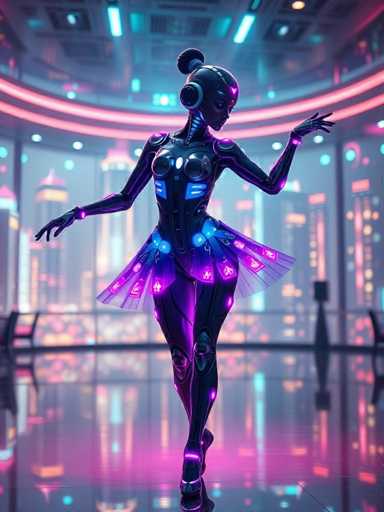 The image depicts a highly detailed, computer-generated scene of a futuristic cityscape at night, viewed from the perspective of someone standing on a high floor of a skyscraper. The background is filled with towering buildings, their windows illuminated in hues of pink, blue, and purple, creating a vibrant, neon-lit atmosphere. The cityscape is framed by a large window, through which the viewer can see the bustling, illuminated city below.

In the foreground, a female robot is the focal point. She stands gracefully on her tiptoes, one leg bent behind the other, exuding a sense of poise and elegance. Her attire is a striking combination of a black leotard and a tutu, adorned with intricate blue and purple lights that accentuate her form. Her head is bald, save for a bun at the back, and she wears a pair of headphones. Her face is illuminated by a purple light, adding to her otherworldly appearance. The floor beneath her is reflective, mirroring the city lights and adding depth to the scene. The overall composition blends elements of futuristic technology with classical ballet, creating a captivating and surreal image.