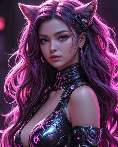 The image depicts a woman with long, dark hair wearing a black outfit that includes a choker necklace and earrings. The background is a gradient of purple and pink colors, creating a futuristic atmosphere.