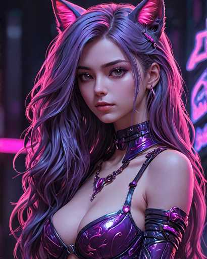 The image depicts a woman with long purple hair wearing a purple and black outfit that includes a corset and earrings. The background is dark and features neon lights, suggesting an urban or futuristic setting.