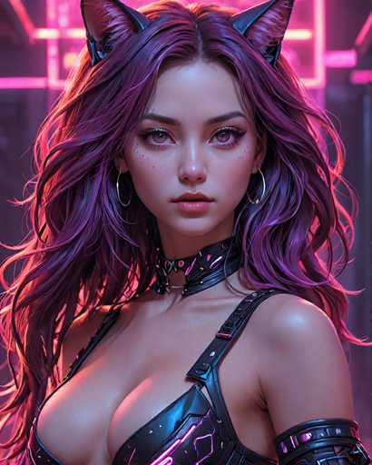 The image shows a close-up portrait of a woman with long, dark hair and large breasts wearing a black leather outfit that includes a choker necklace. The background is a neon pink color, which contrasts with the woman's dark hair and adds a futuristic element to the scene.