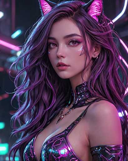 The image depicts a woman with long purple hair wearing a black and silver outfit that includes a corset and a necklace. The background is dark and features neon lights, suggesting an urban or futuristic setting.