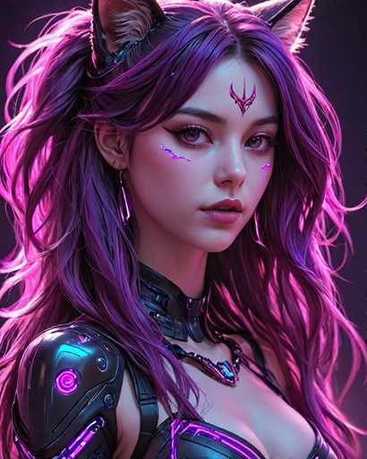 The image depicts a woman with long purple hair wearing a black outfit that includes a helmet and a necklace. The background is dark, creating a stark contrast with the woman's vibrant appearance.