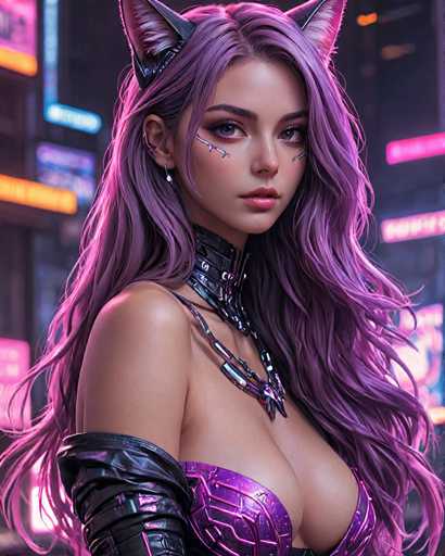 The image depicts a woman with long, purple hair wearing a black leather outfit and a necklace. She is standing against the backdrop of a city at night, with neon lights illuminating her surroundings. The woman's gaze is directed towards the camera, creating an engaging visual narrative that draws the viewer into the scene.