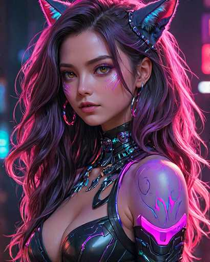 The image depicts a woman with long dark hair wearing a black leather outfit and earrings. She is positioned against a backdrop of neon lights and city buildings, suggesting an urban setting or nightlife environment. The woman's gaze is directed straight at the camera, creating a sense of connection between her and the viewer.