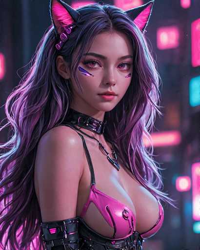 The image depicts a woman with long, dark hair wearing a pink bra and panties, as well as cat ears on her head. She is standing against a backdrop of neon lights that create an urban cityscape. The colors in the image are predominantly purple and pink, which contribute to the overall moody atmosphere of the scene.