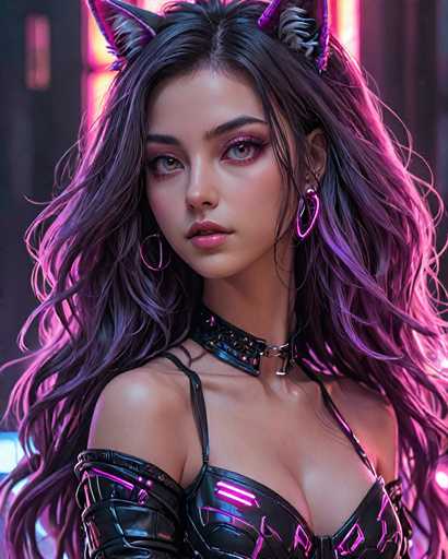 The image depicts a woman with long dark hair wearing a black dress and earrings. She is positioned against a backdrop of neon lights that create an ethereal glow around her face. The colors in the image are predominantly purple and pink, which contribute to the overall moody atmosphere of the scene.