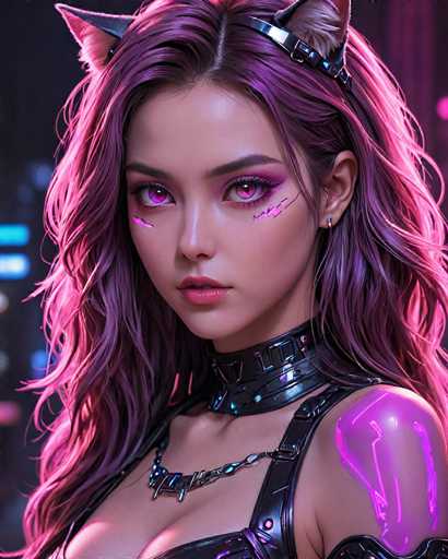 The image depicts a woman with long, dark hair wearing a black choker necklace and earrings. She is looking directly at the camera with an intense gaze. The background features a cityscape with neon lights, creating a futuristic atmosphere that complements the overall style of the artwork.