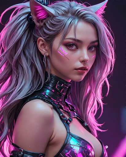 The image depicts a woman with long, dark hair wearing a black leather outfit and a pink collar around her neck. She is looking directly at the camera with an intense gaze. The background of the image is a gradient of purple and pink colors, creating a visually striking contrast against the woman's dark hair.