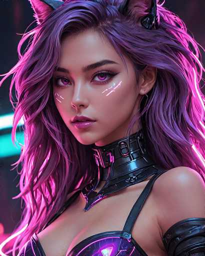The image depicts a woman with long purple hair wearing a black leather bra and corset. She is looking directly at the camera with an intense gaze. The background features neon lights that create a futuristic atmosphere, suggesting the setting could be a space station or other advanced environment.