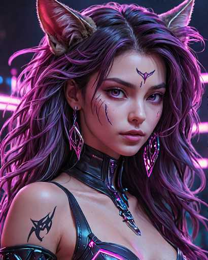 The image depicts a woman with long purple hair wearing a black leather outfit and earrings. The background is dark and features neon lights that create an ethereal glow around the woman's face.