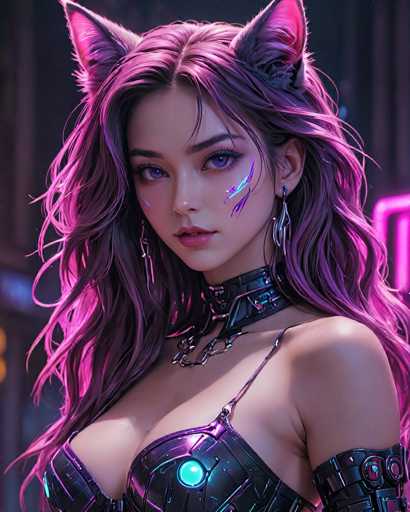 The image depicts a woman with long, dark hair wearing a black bodysuit and earrings. She is looking directly at the camera, giving off an air of confidence and mystery. The background features neon lights that add to the futuristic atmosphere of the scene.
