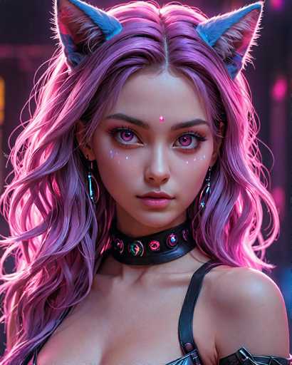 The image shows a close-up portrait of a woman with long, vibrant purple hair styled in an updo and wearing a black choker necklace. The background is dark and blurred, suggesting the focus is on the woman's face and upper body.