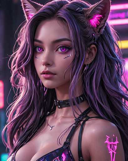 The image depicts a woman with long purple hair wearing a black bra and necklace. She is looking directly at the camera with a serious expression on her face. The background features neon lights that create an urban atmosphere, suggesting the setting could be a city or a nightclub.