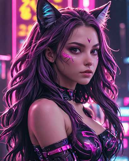 The image shows a close-up portrait of a woman with long hair and purple makeup on her face. She is wearing a black outfit that includes a corset and a headpiece adorned with cat ears. The background features neon lights and a cityscape, suggesting an urban setting or perhaps a night scene.