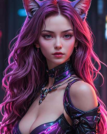 The image shows a close-up portrait of a woman with long, dark hair styled in an updo and wearing a purple choker necklace. The background is black, providing a stark contrast to the woman's features.