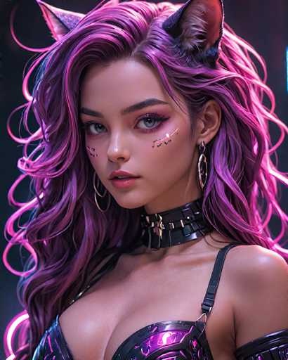 The image depicts a woman with long, purple hair wearing a black choker necklace and earrings. She is positioned against a dark background, which contrasts with her vibrant appearance. The woman's gaze is directed straight at the camera, creating an engaging visual connection between the viewer and the subject of the photograph.
