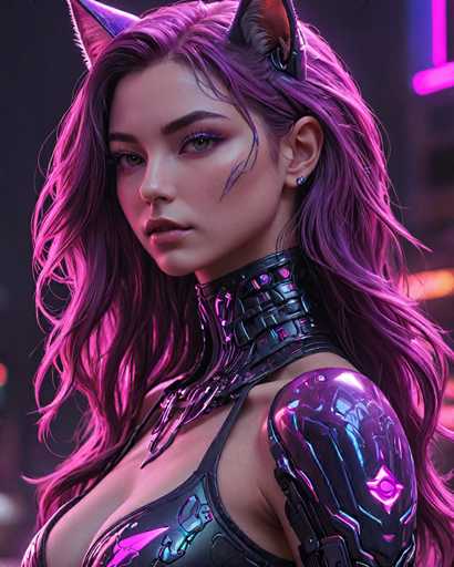 The image depicts a woman with long purple hair wearing a black leather outfit and a cat-like headdress adorned with blue jewels. The background is dark and features neon lights that cast an ethereal glow on the scene.
