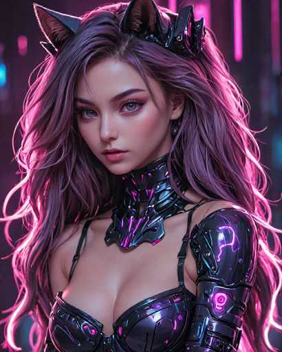 The image depicts a woman with long, dark hair wearing a black and purple outfit that includes a corset and a headpiece featuring cat ears. The background is a gradient of pink and blue neon lights, creating an ethereal glow around the woman's face.