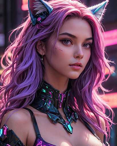 The image depicts a woman with long, vibrant purple hair wearing a black choker necklace and earrings. She is positioned against the backdrop of a neon-lit cityscape, suggesting an urban setting or perhaps a futuristic environment. The woman's gaze is directed straight at the camera, creating a sense of connection between her and the viewer.