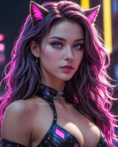 The image shows a close-up portrait of a woman with long, dark hair styled in an updo and wearing a black top hat adorned with pink cat ears. The background is dark and out of focus, drawing attention to the woman's face and attire.