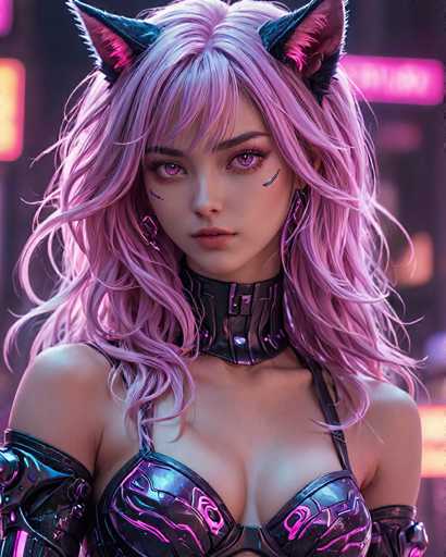 The image depicts a woman with long, vibrant pink hair wearing a black leather bra and corset. She is positioned against the backdrop of a city street at night, with neon lights illuminating her surroundings. The woman's gaze is directed straight at the camera, creating an engaging visual connection between the viewer and the subject.