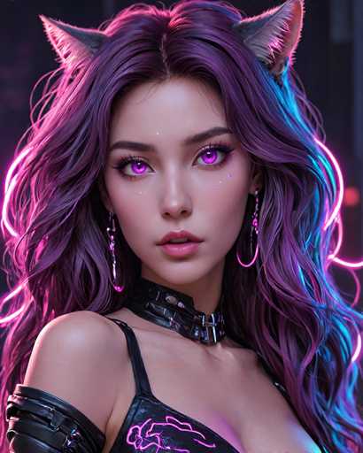 The image shows a close-up portrait of a woman with long purple hair and large, striking green eyes. She is wearing a black leather bra strap and has a necklace around her neck. The background features neon lights in shades of pink and blue, creating an ethereal glow that contrasts with the dark tones of the woman's hair and skin.