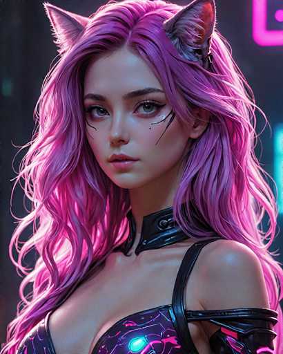 The image depicts a woman with long, vibrant purple hair wearing a black and pink outfit that includes a top hat and a cape. The background is dark and features neon lights, creating an urban atmosphere.