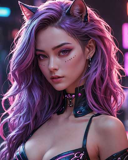 The image shows a close-up portrait of a woman with long purple hair and a black choker necklace. The background is dark and features neon lights that create an urban atmosphere.